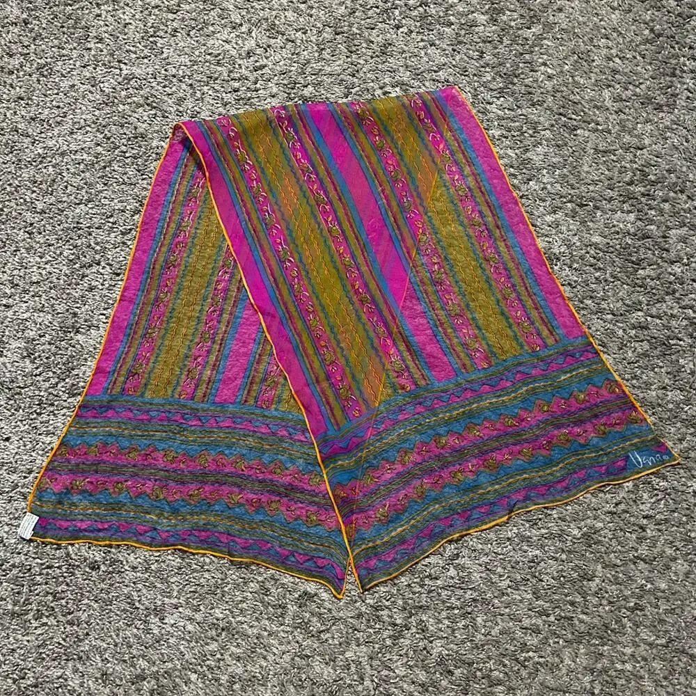 Vintage Vera Scarf Verasheer Made in Japan Silk Floral Striped Handrolled 44x14